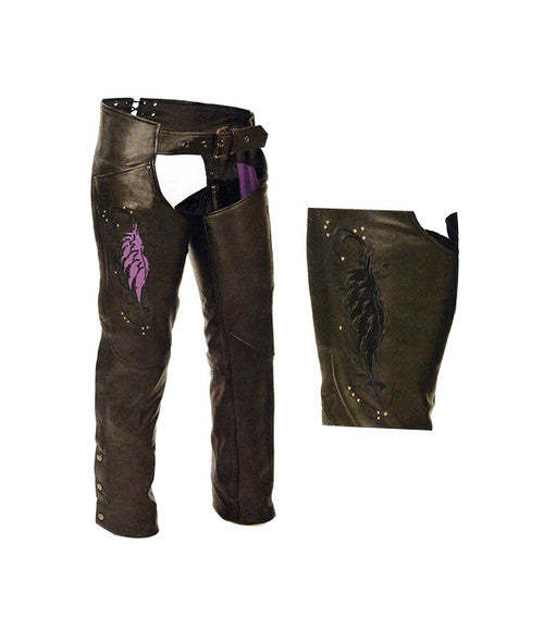 Womens Black Leather Chaps with Purple Embroidered Wing 1179.08