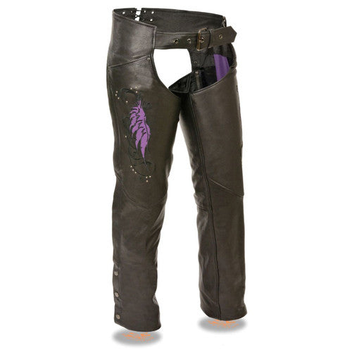 Womens Black Leather Chaps with Purple Embroidered Wing 1179.08