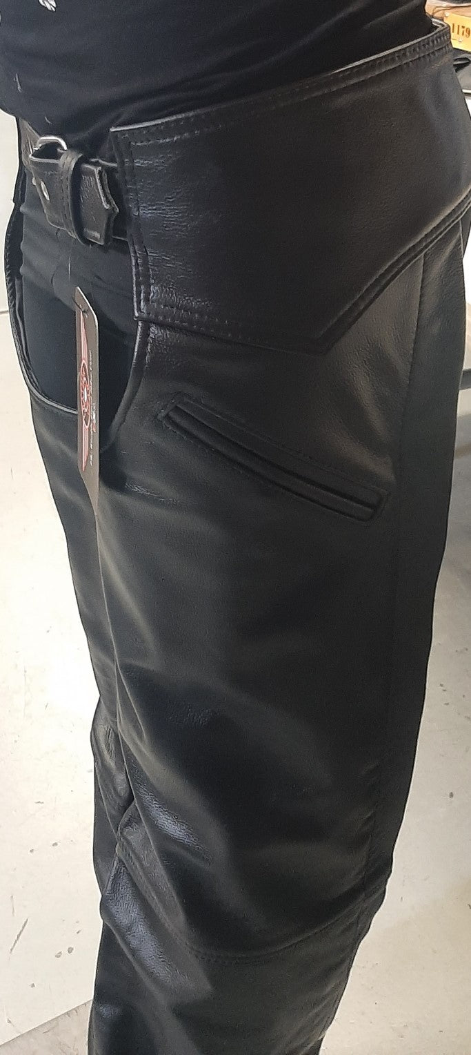 Unisex Black Leather Motorcycle Chaps - Slash Pocket 1627