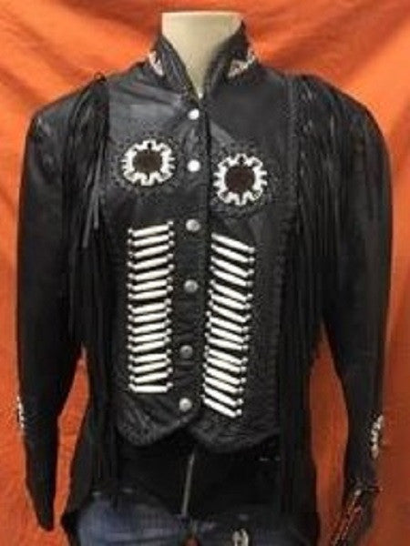 Women's Leather Motorcycle Jackets with Bone and Bead Detail 1703BJ