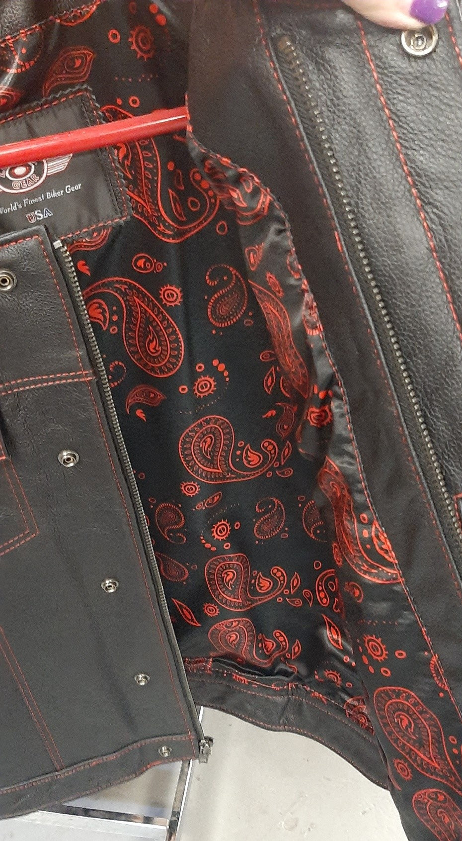 Men's Club Style Motorcycle Vest with Red Paisley Lining - 175R