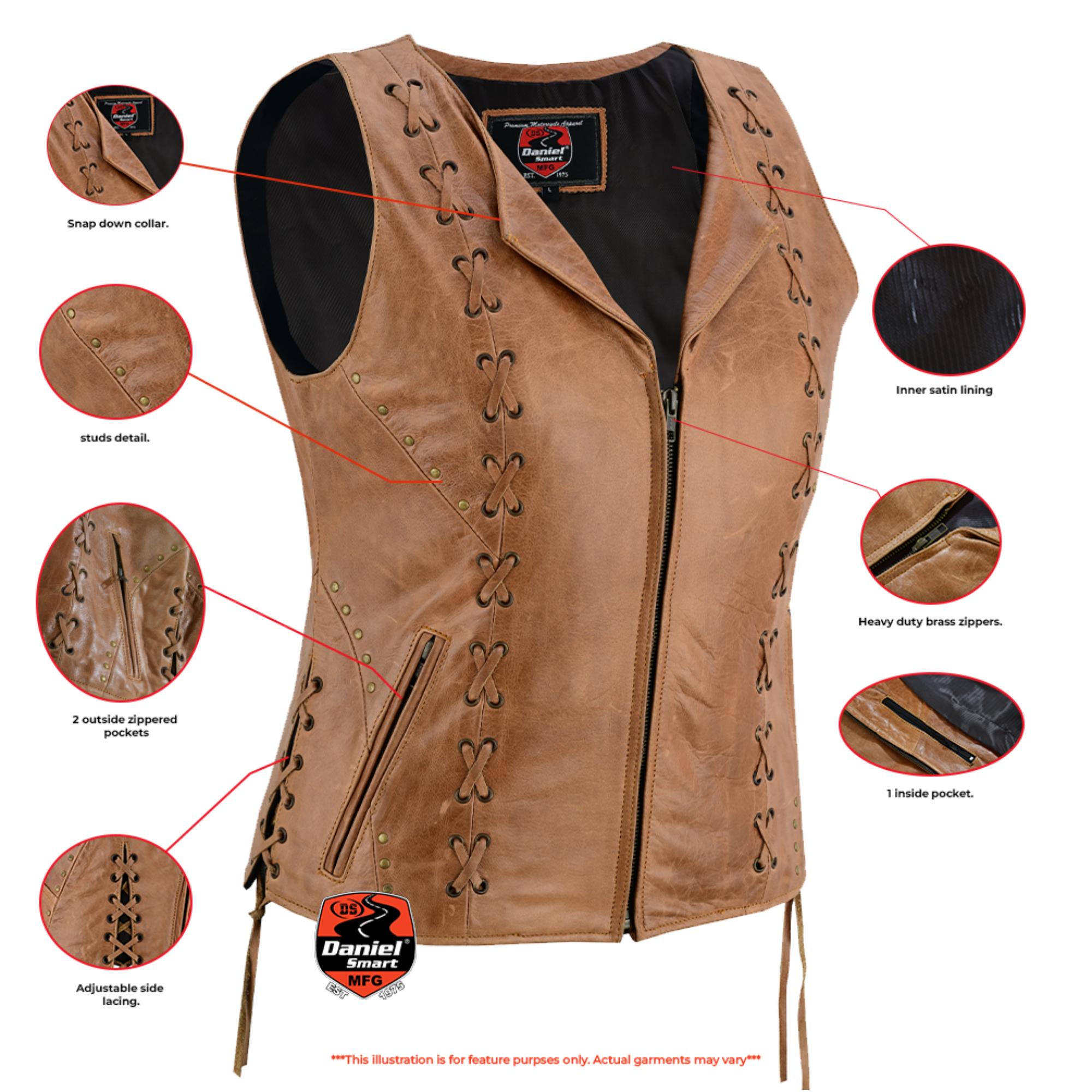 DS Women's Brown Zippered Vest with Lacing Details