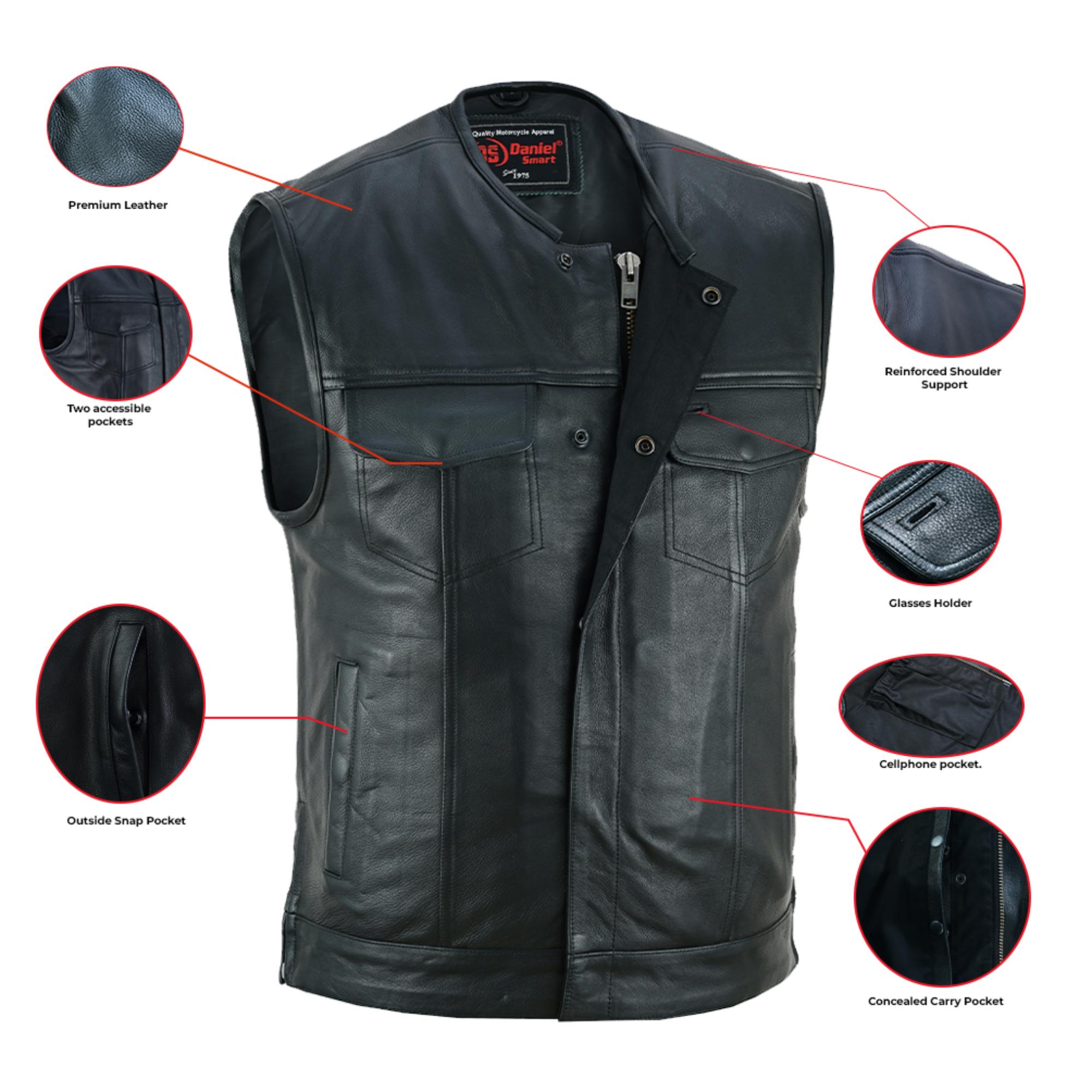 DS Men's Black Leather Motorcycle Vest with Upgraded Style