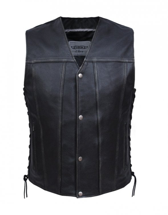 Men's Distressed Black Leather Vest w/Side Lace - 2611.AGR