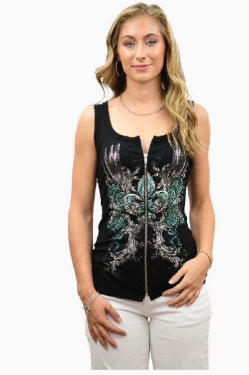 Ladies Beautiful Black Zipper Shirt with Teal Roses - USA Made - 285425