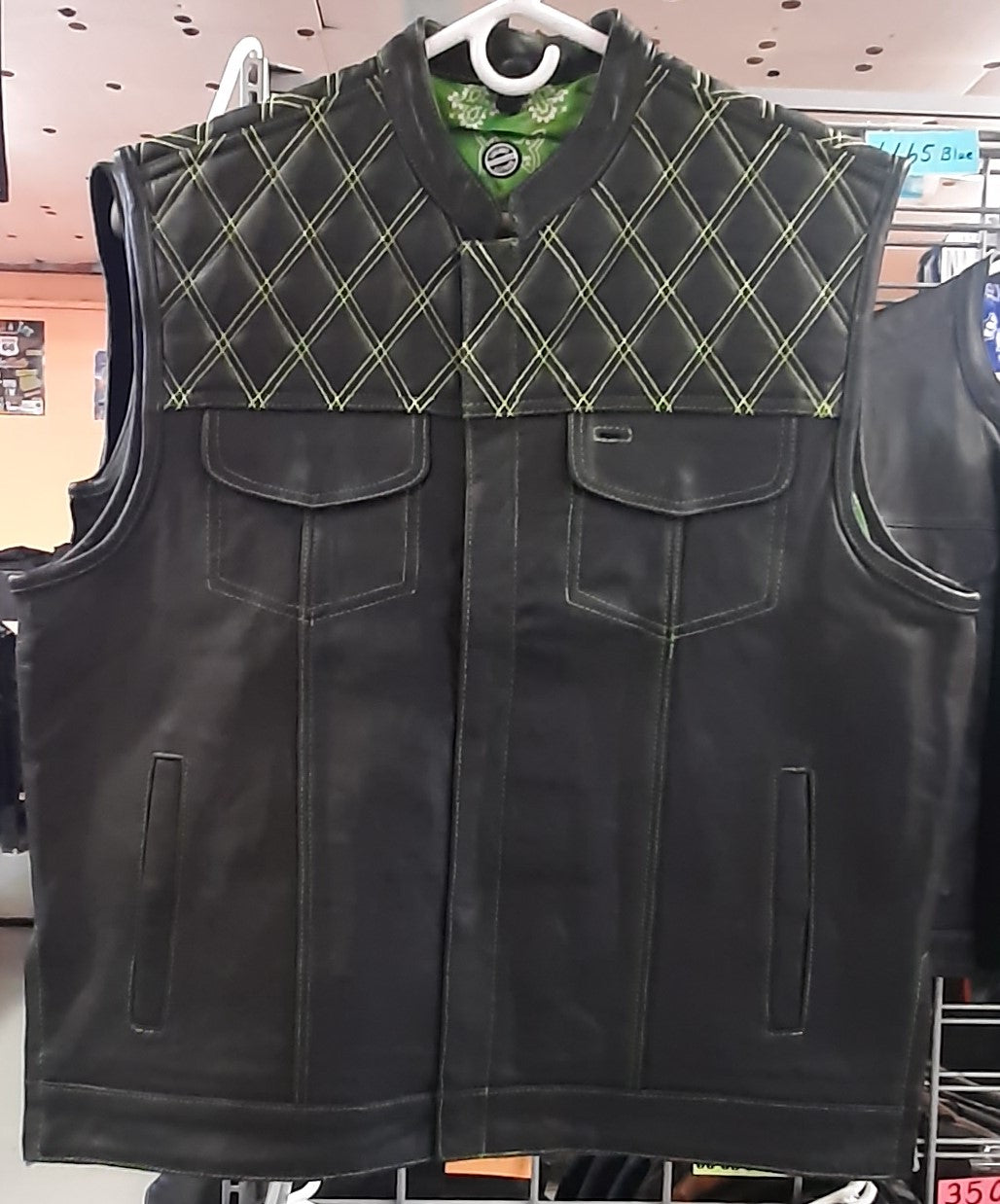 Men’s Motorcycle Leather Club Vest w/Lime Green Paisley Lining - 3270