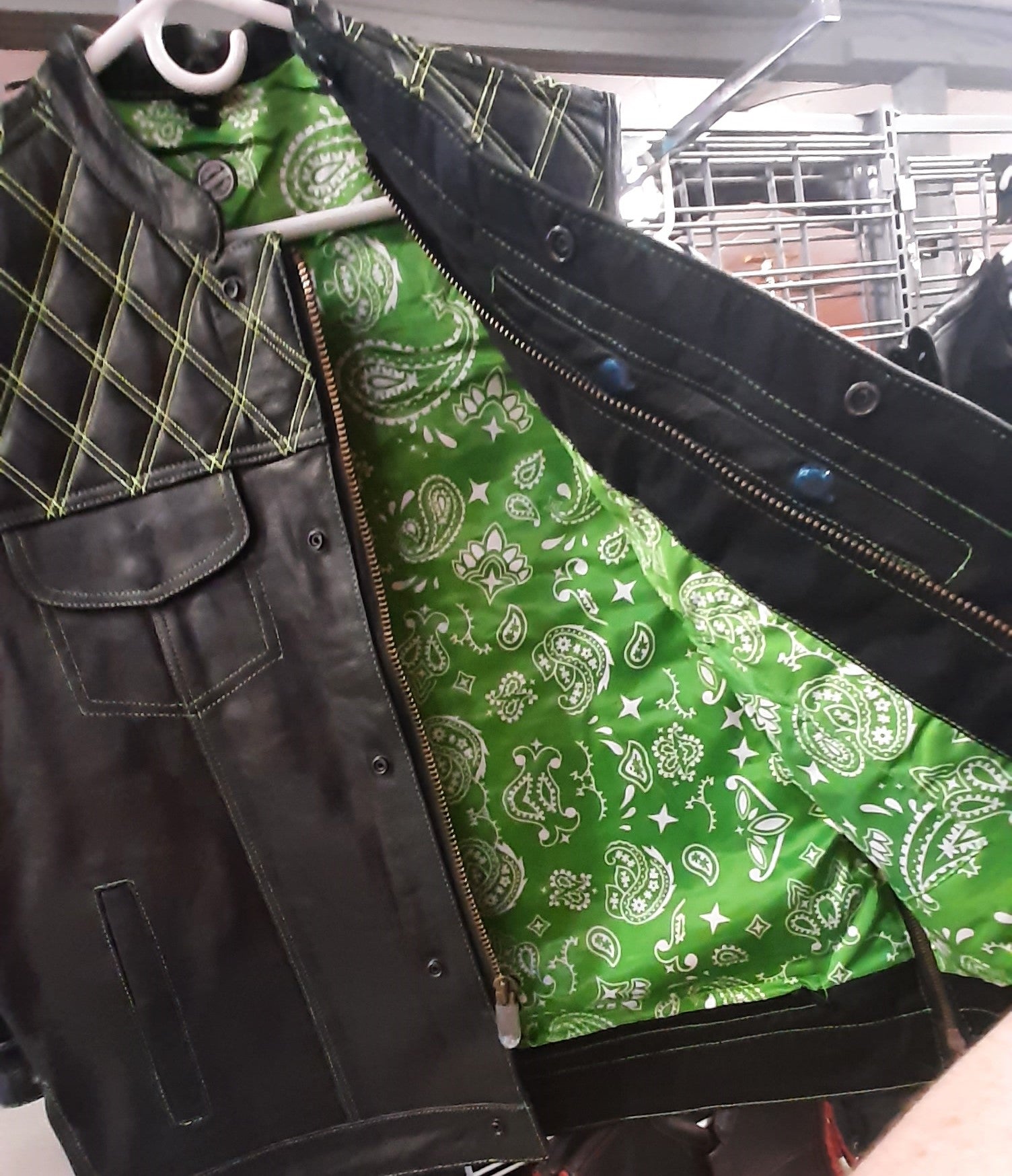 Men’s Motorcycle Leather Club Vest w/Lime Green Paisley Lining - 3270