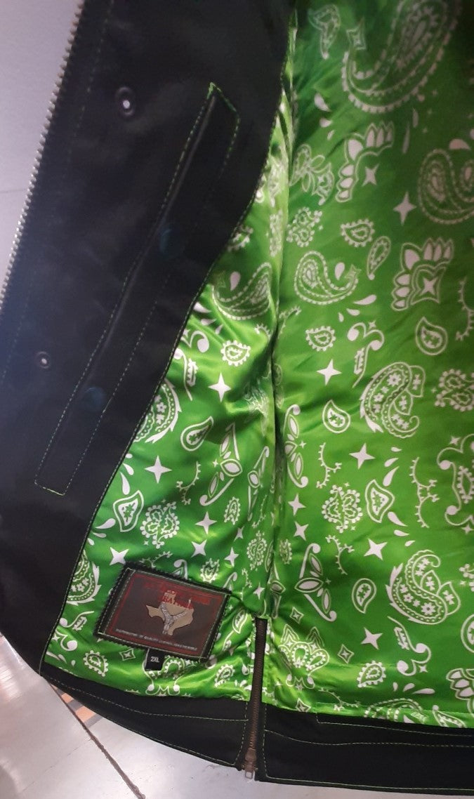 Men’s Motorcycle Leather Club Vest w/Lime Green Paisley Lining - 3270