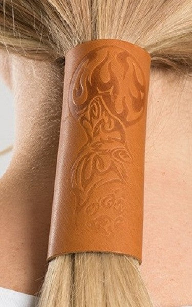 Ponytail Holder 4 Inch Tribal Wolf Design Embossed on Brown Leather with Gems 34019