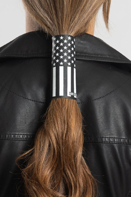 34026 4" HG Black and White American Flag Ponytail Holder
