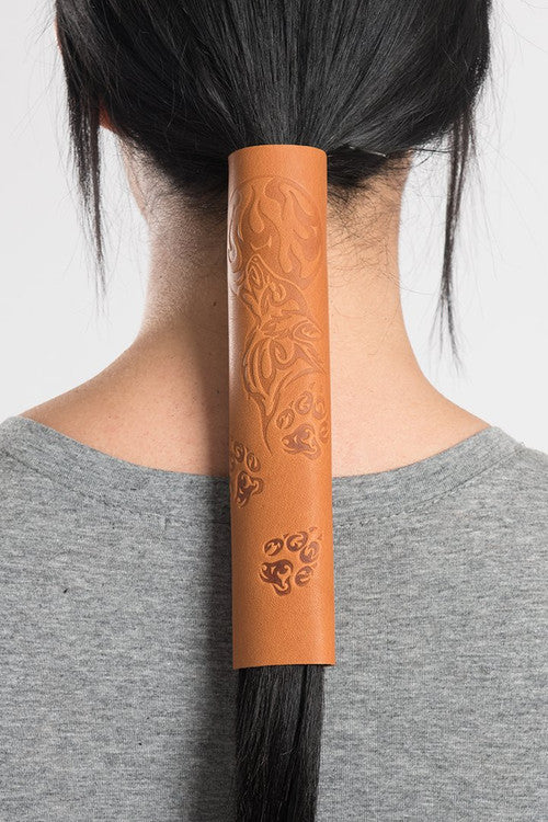 Ponytail Holder 8 Inch Tribal Wolf Embossed in Brown Leather 38019