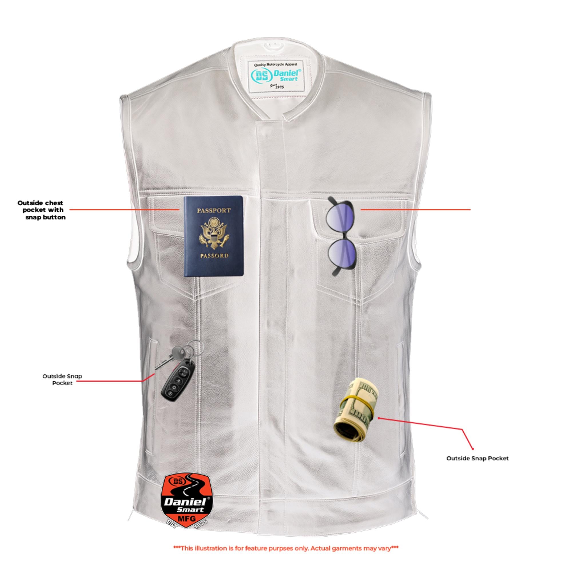 DS Men's Black Leather Motorcycle Vest with Upgraded Style