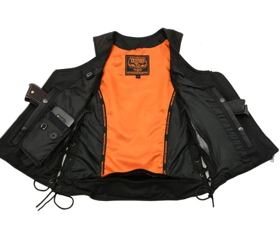 Ladies Black Leather Side Lace Vest w/Lots of Pockets - 4575