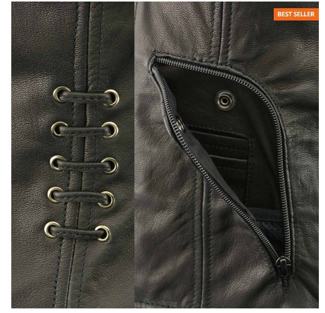 Ladies Black Leather Side Lace Vest w/Lots of Pockets - 4575