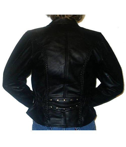 Ladies Leather Jacket with Braid, Studs, and gathered waist - Stay Chic and Warm 7013