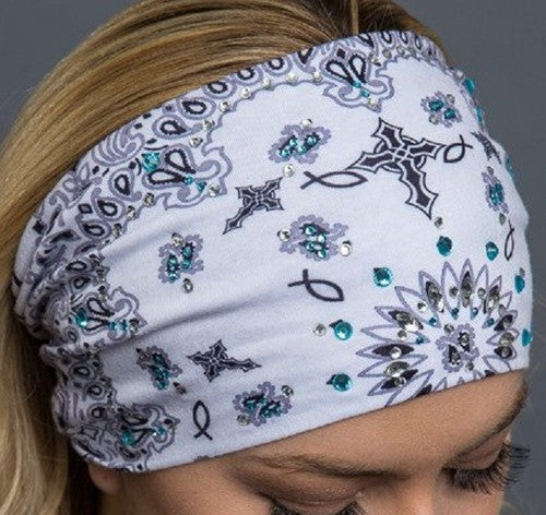White Paisley Headband with Rhinestones 50074 EZB