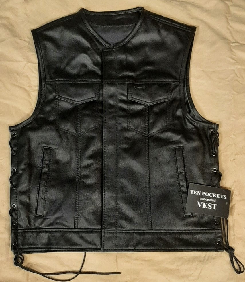 Men's Club Style Leather Vest with Red Skull on Inside Lining 525 MV SK