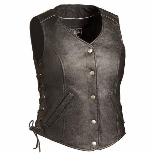 Women's 5 Snap Side Lace Leather Motorcycle Vest 566