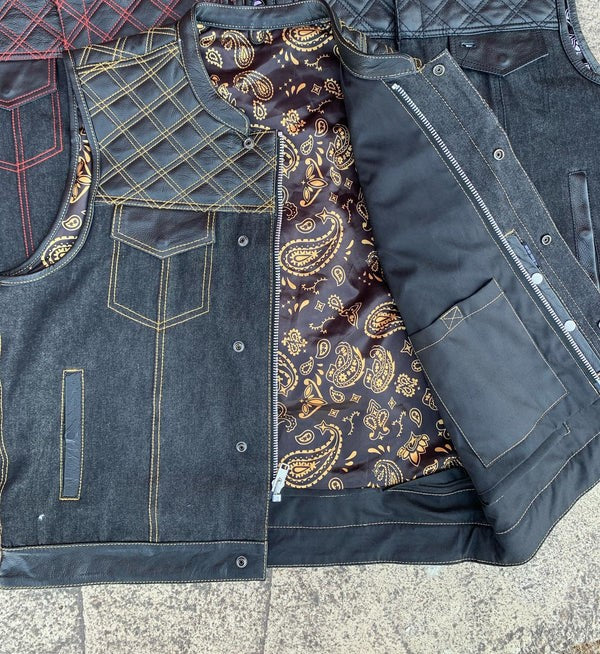 Men's Club Style Vest w/Denim Bottom and Leather on Top - Yellow - 6677