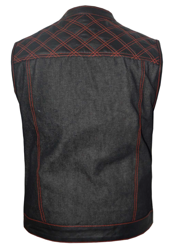 Men's Club Style Vest w/Denim Bottom and Leather on Top - Red - 6678