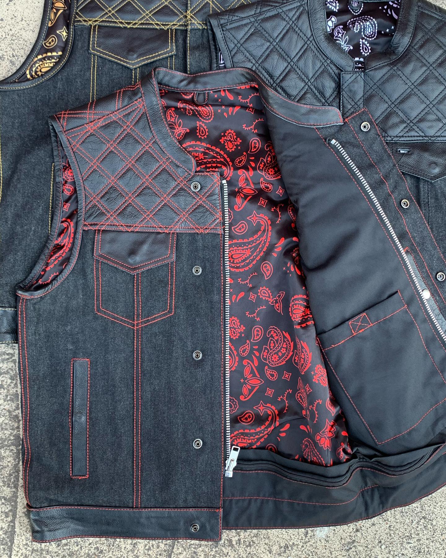Men's Club Style Vest w/Denim Bottom and Leather on Top - Red - 6678