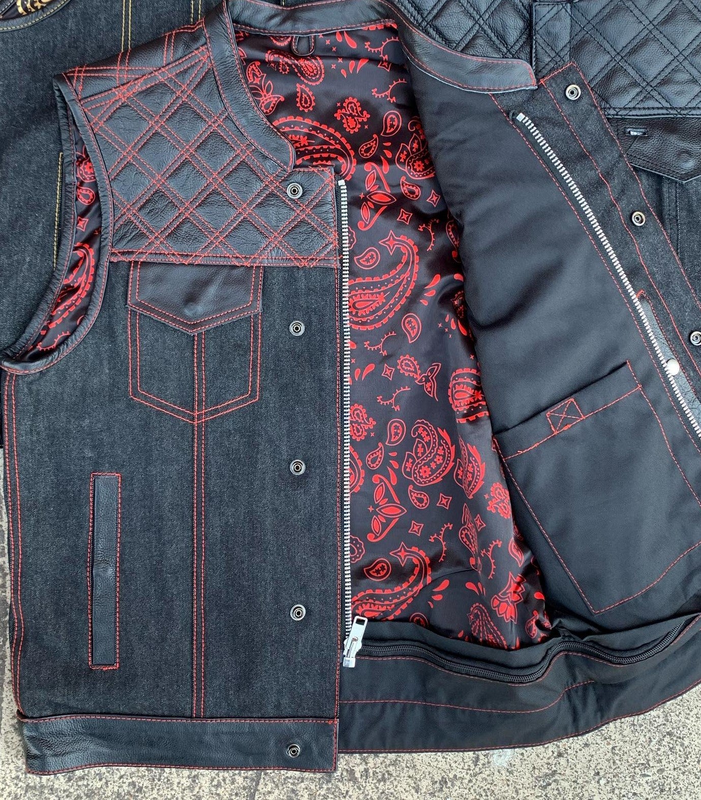 Men's Club Style Vest w/Denim Bottom and Leather on Top - Red - 6678