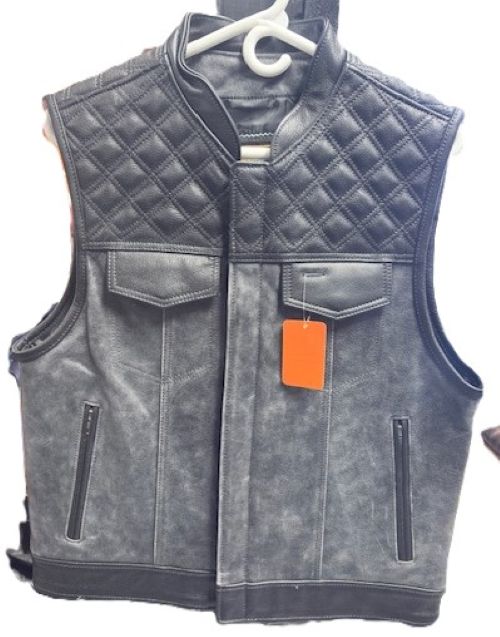 Men's Gray Club Style Leather Vest w/Conceal Carry Pockets - 678gry