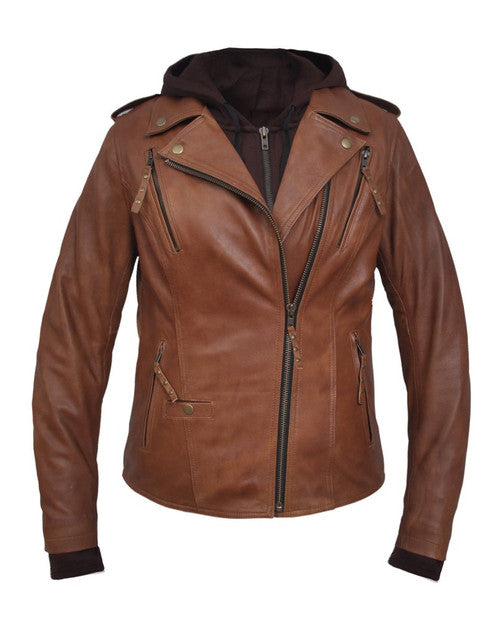 Ladies Lambskin Brown Leather Jacket with Removable Hoodie 6841ant