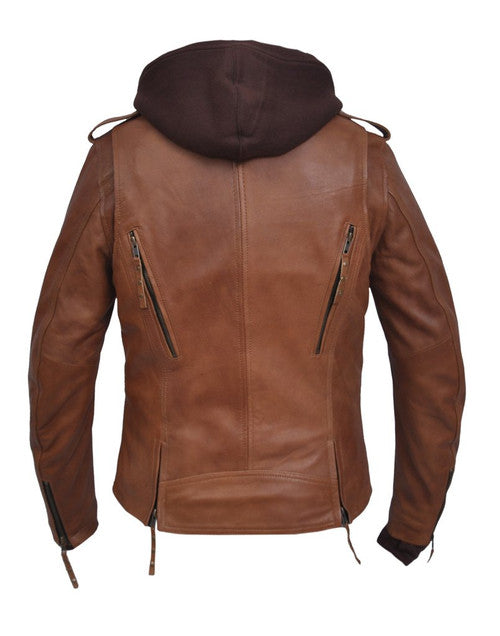 Ladies Lambskin Brown Leather Jacket with Removable Hoodie 6841ant
