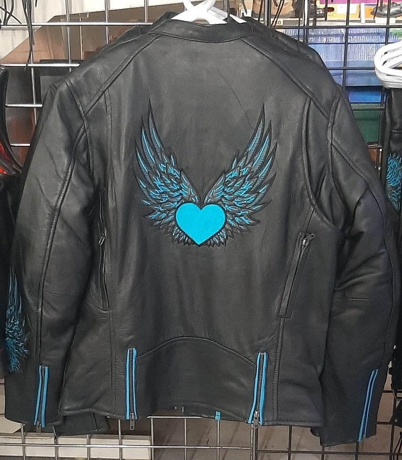 Ladies Black Leather Motorcycle Jacket w/Teal Heart and Wing Design - 6954.04