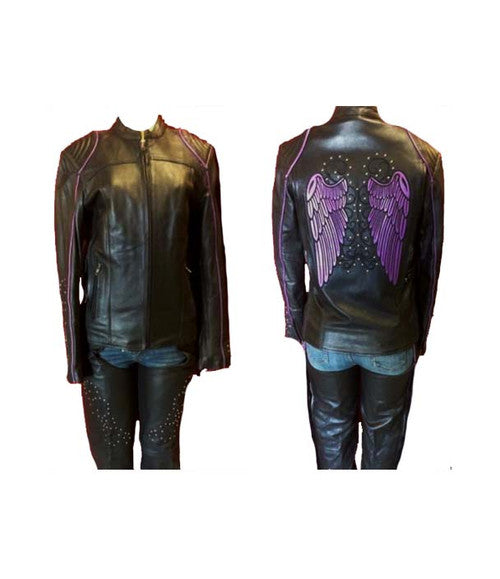 Ladies Black Leather Jacket with Stud and embroidery Purple Wing Design 1952.08
