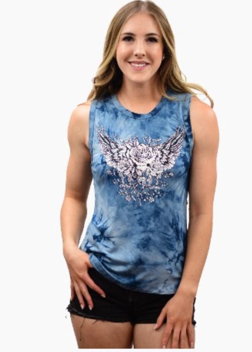 Ladies Beautiful Blue Tank with Roses and Wings Design Shirt - USA Made - 7509