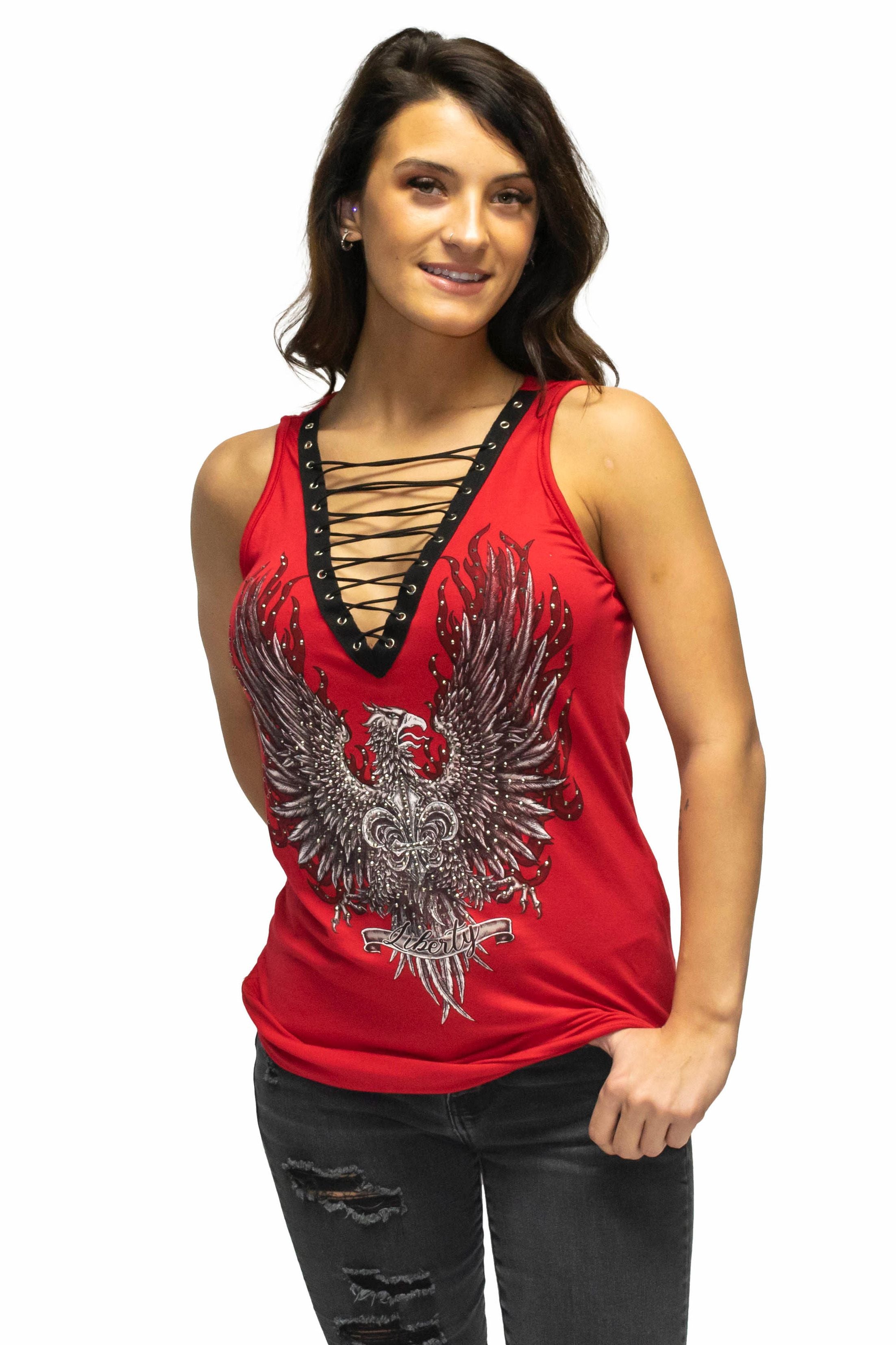 Ladies Beautiful Red Shirt with Eagle Crest Graphics Shirt - USA Made - 7571