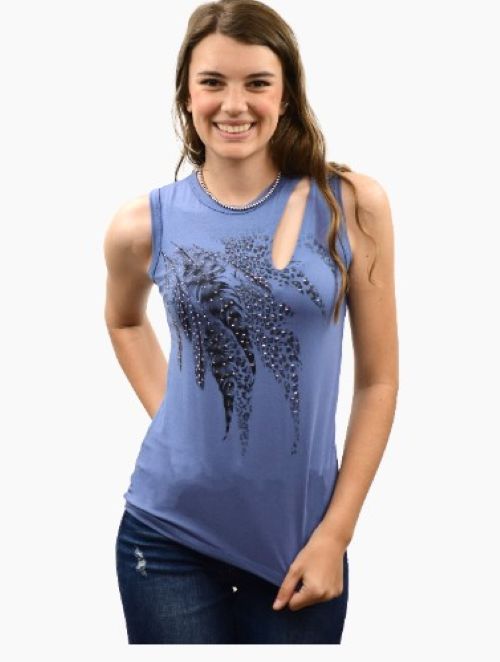 Ladies Beautiful Blue Tank Feathers and Flowers Design Shirt - USA Made - 7574