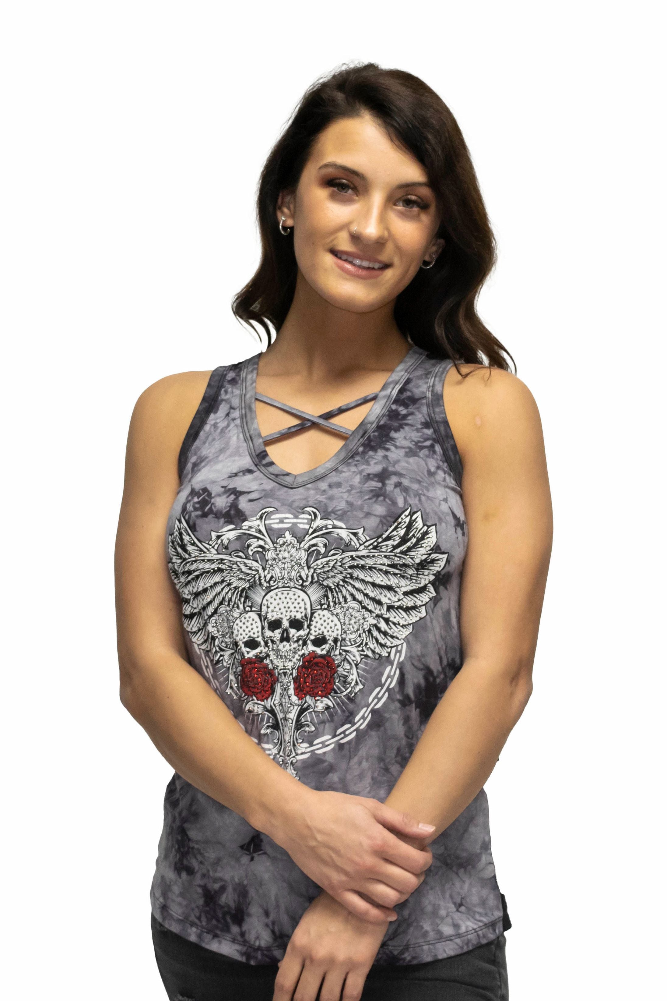 Ladies Beautiful Skull and Wings Design Shirt - USA Made - 7721