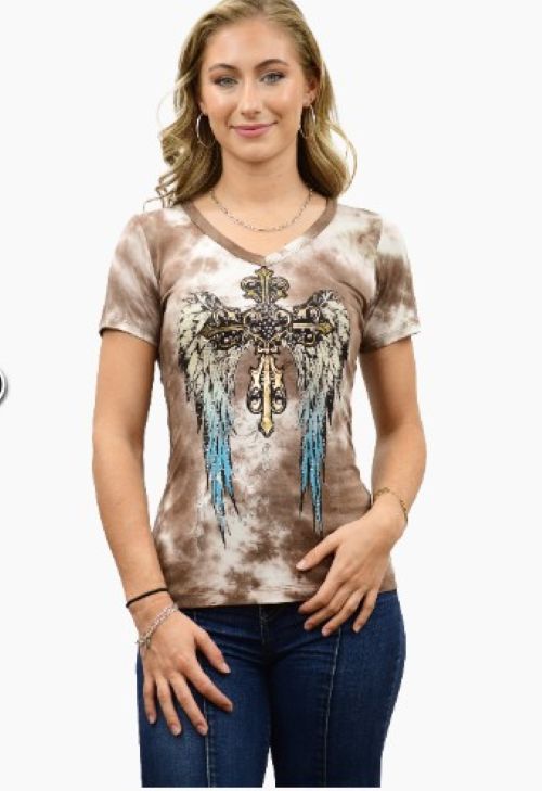 Ladies Beautiful Cross with Wings Shirt - USA Made - 7741