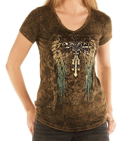 Ladies Bling Shirt with Foiled Cross and Wings # 7778 USA
