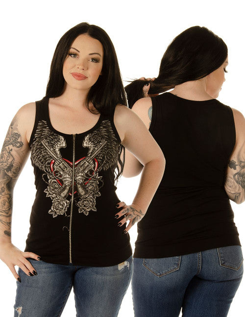 Ladies Zip Up Shirt with Double Guns Design #8542 USA