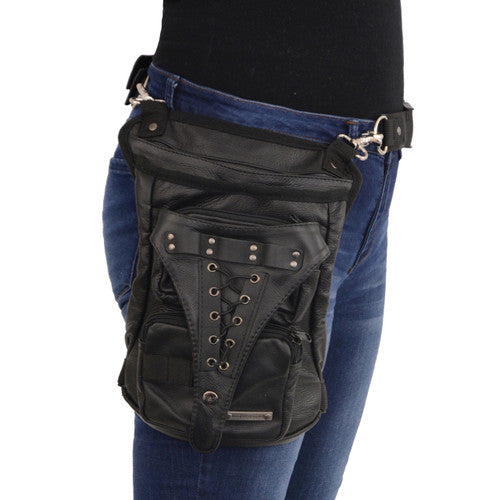 Conceal & Carry Black Leather Thigh Bag w/ Waist Belt