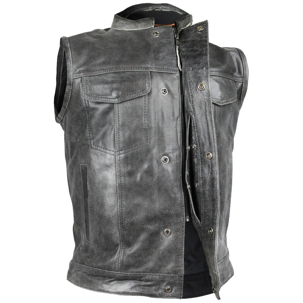 Men's Gray Club Style Leather Vest w/Conceal Carry Pockets - 914DG