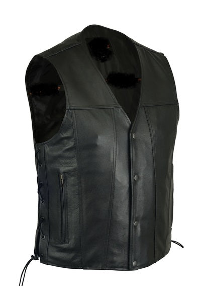 Men's Motorcycle Leather Vest–Single Back Panel w/Smart Access Pockets - ADA105