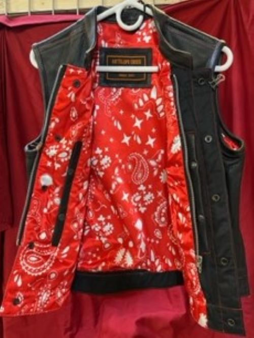 Ladies Black Leather Club Vest w/Red Paisley Lining - ADA287