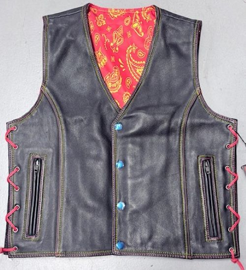 Men's Side Lace Leather Vest w/Red/Gold Paisley Lining - ADA577