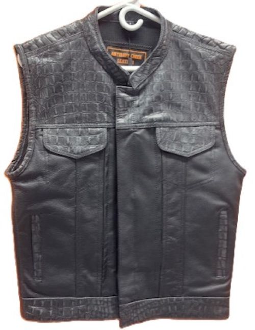 Men's Club Style Leather Vest w/Embossed Crocodile Skin - ADA700
