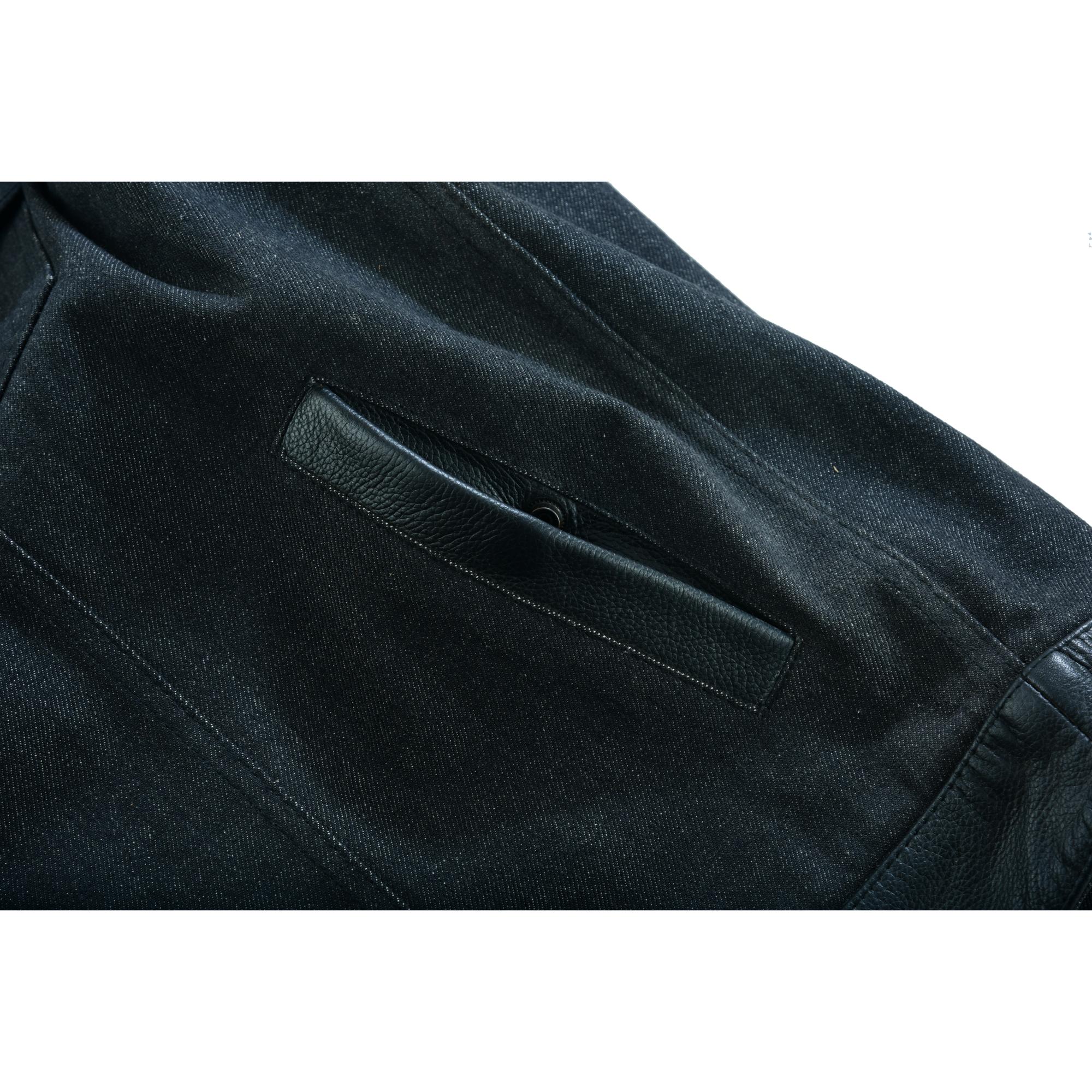 DM Men's Leather-Denim Combo Motorcycle  Vest - No Collar