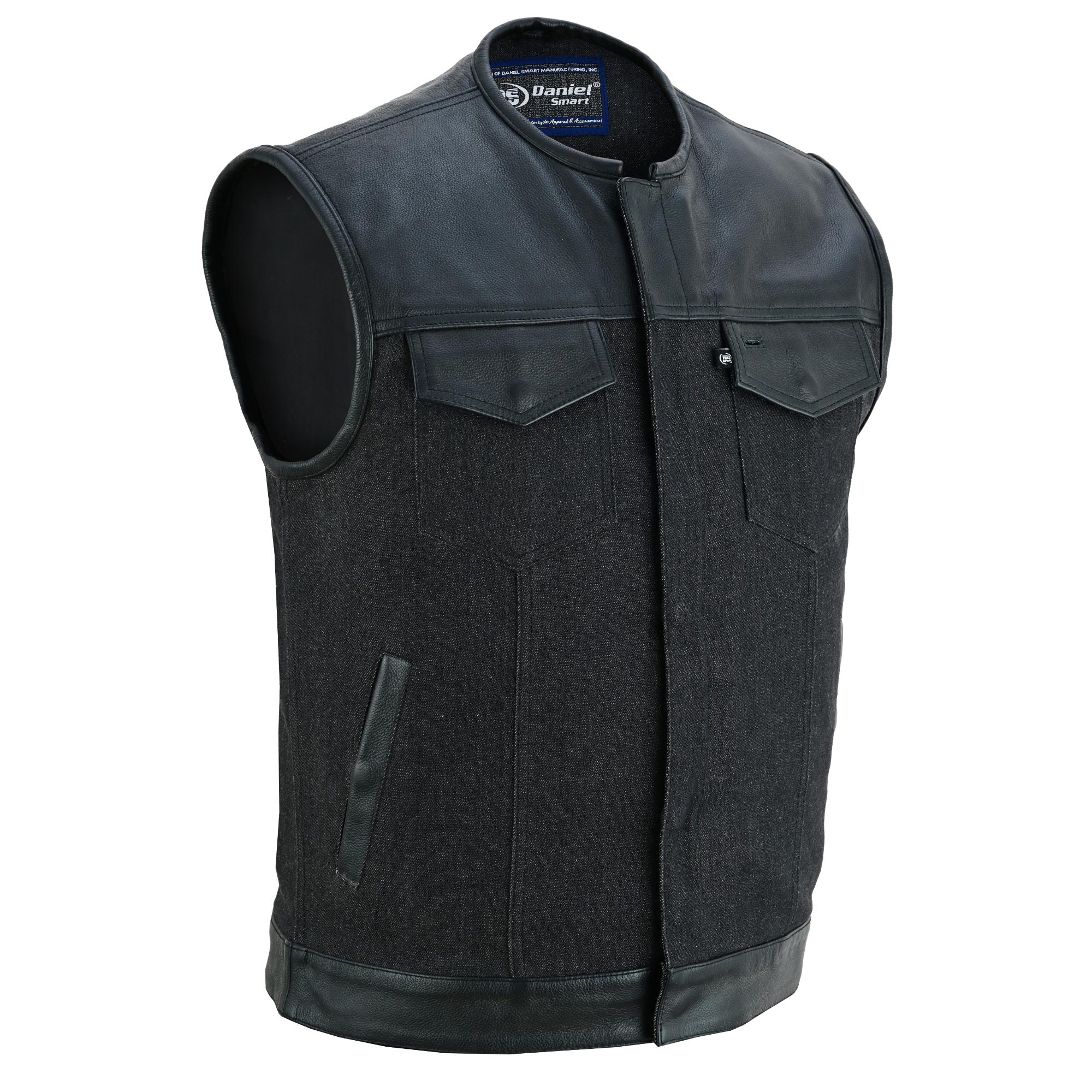 DM Men's Leather-Denim Combo Motorcycle  Vest - No Collar