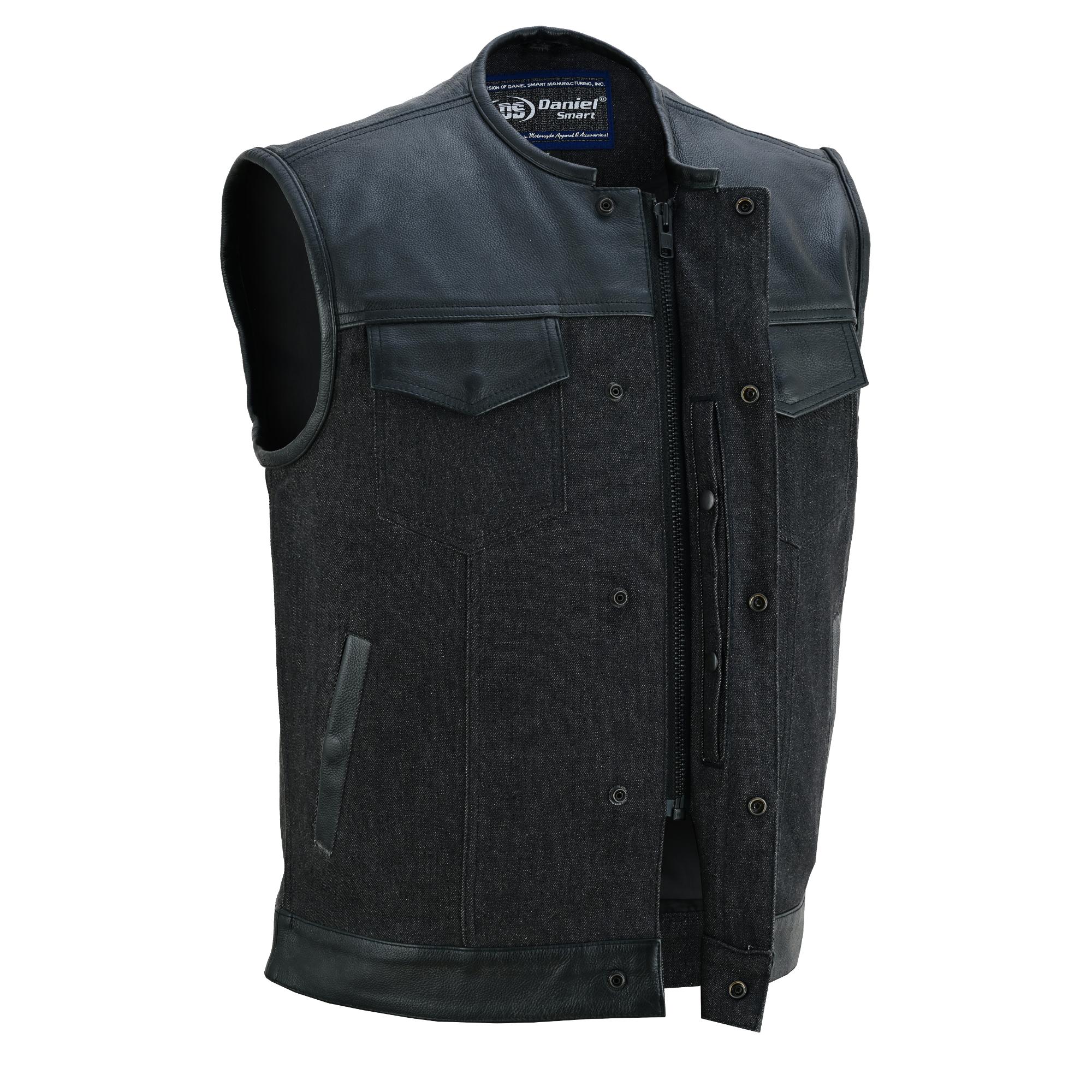 DM Men's Leather-Denim Combo Motorcycle  Vest - No Collar