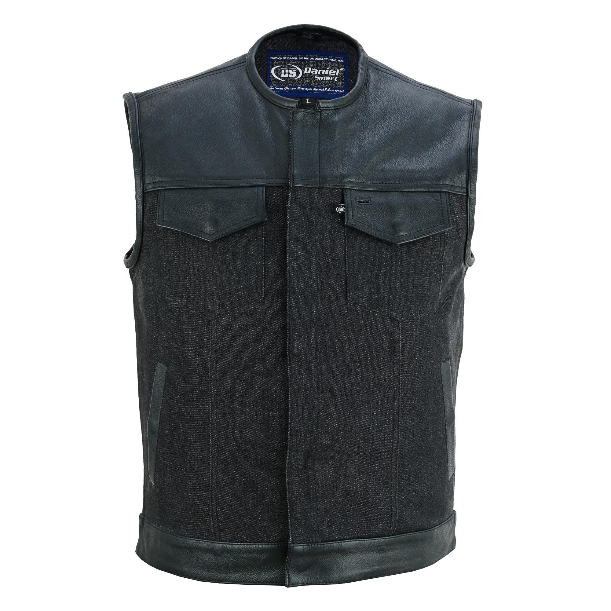 DM Men's Leather-Denim Combo Motorcycle  Vest - No Collar