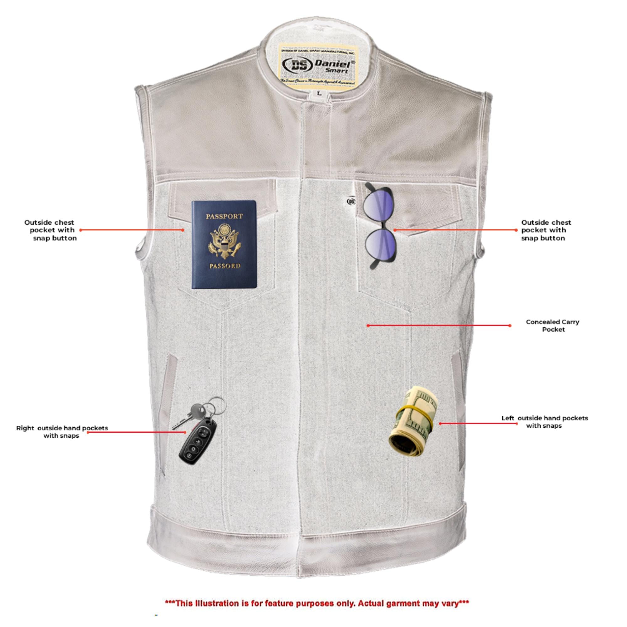 DM Men's Leather-Denim Combo Motorcycle  Vest - No Collar