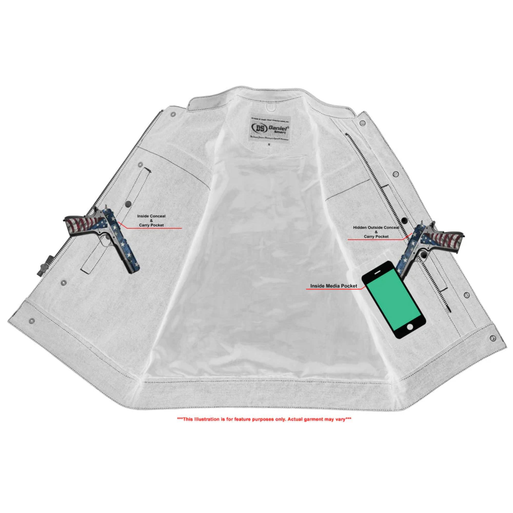 DM Men's Leather-Denim Combo Motorcycle  Vest - No Collar